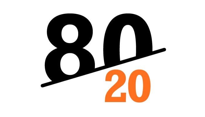 80/20 rule graphic with bold black and orange numbers symbolizing core principles.