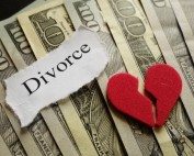 Divorce concept with torn heart and money on a dark background.