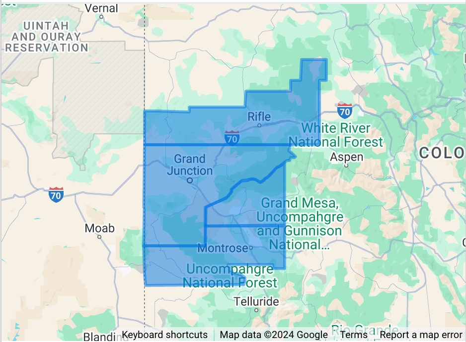 Map of Western Slope counties in Colorado including Mesa, Delta, Montrose, and Garfield counties