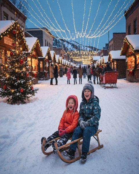 Children sledding in festive Western Colorado Christmas town