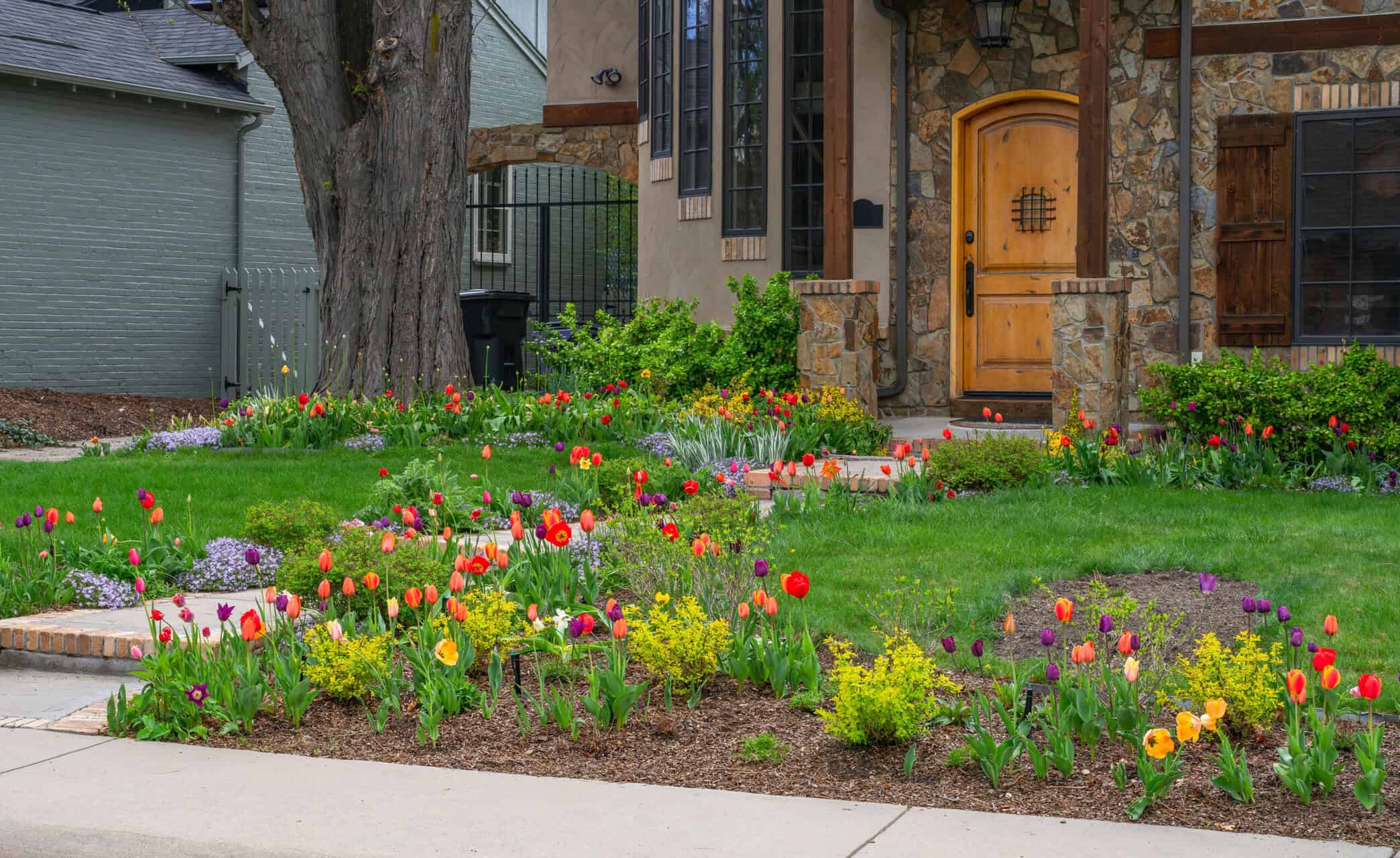 Colorful spring tulips framing the front yard of a stone home with strong curb appeal on Colorado's Western Slope
