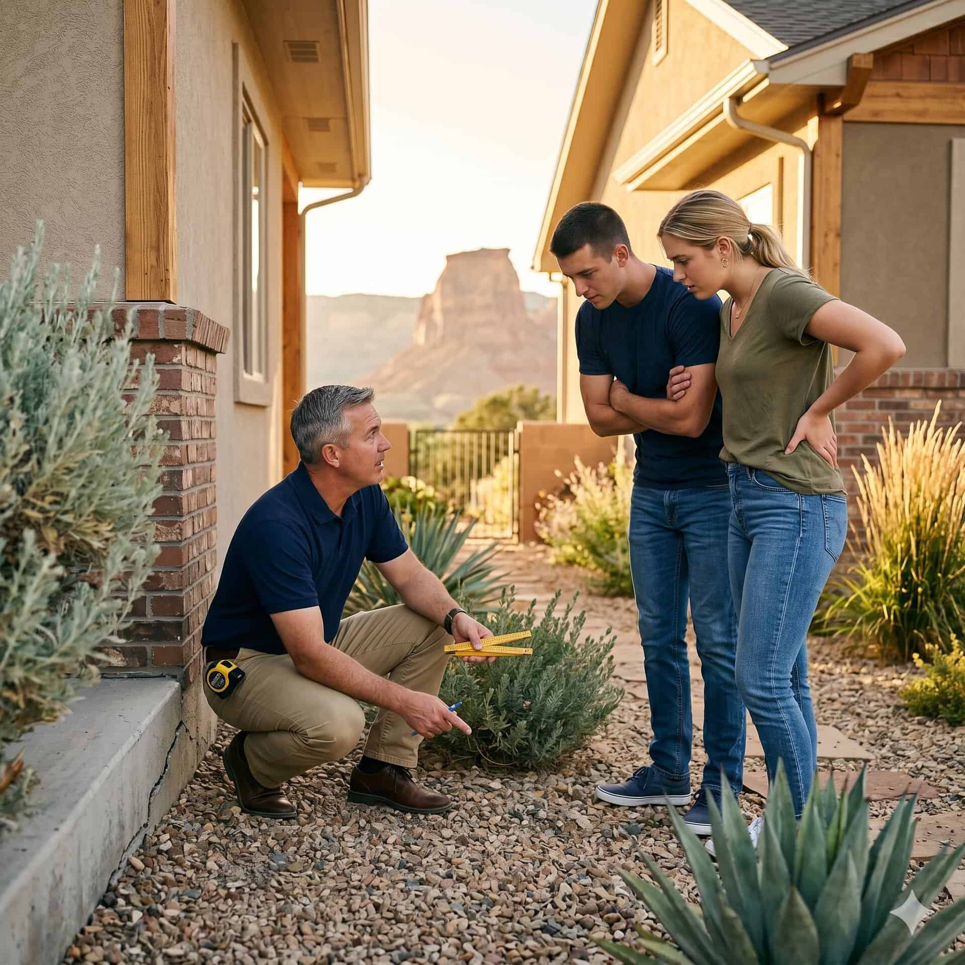 Homebuyer and real estate agent examining a foundation crack at a Grand Junction property while evaluating potential red flags during a showing.