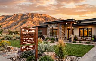For Sale sign in front of a Grand Junction, Colorado home with the Grand Mesa at golden hour — strategic home pricing on the Western Slope.