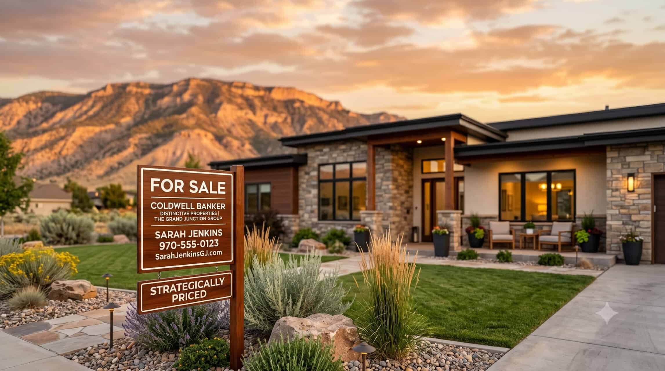 For Sale sign in front of a Grand Junction, Colorado home with the Grand Mesa at golden hour — strategic home pricing on the Western Slope.