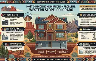 Illustrated guide to the most common home inspection problems in Western Slope Colorado including roof, drainage, radon, and soil issues