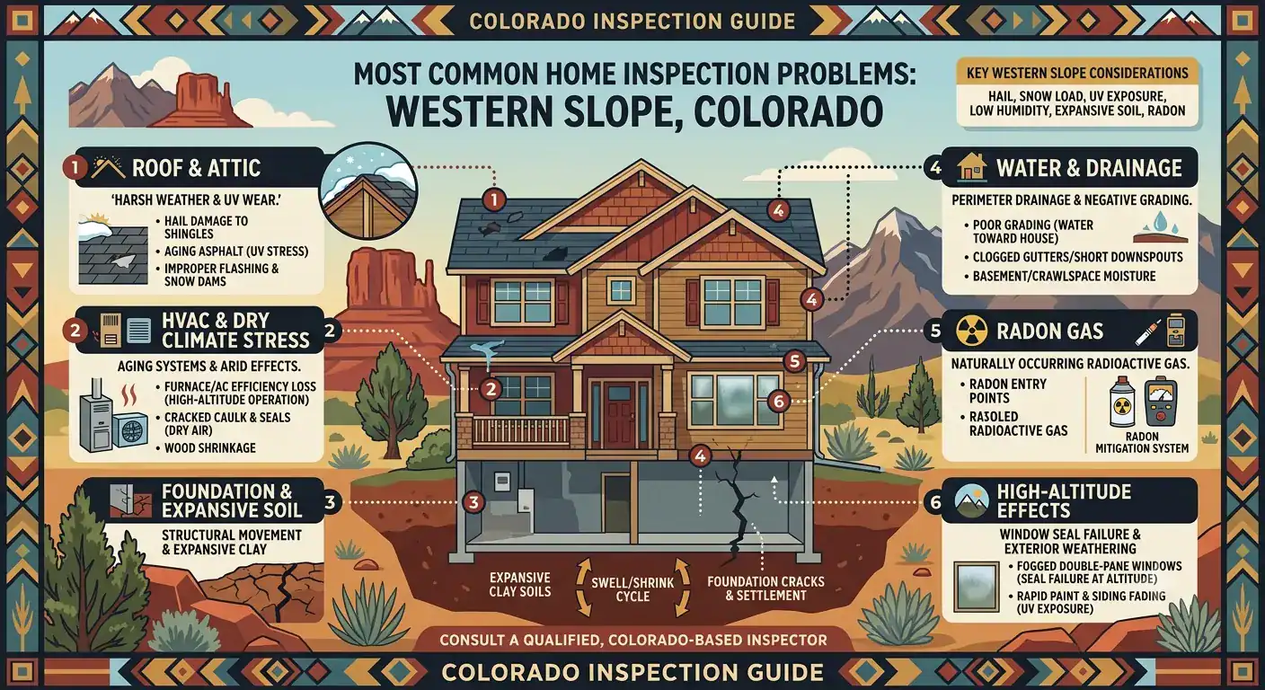 Illustrated guide to the most common home inspection problems in Western Slope Colorado including roof, drainage, radon, and soil issues
