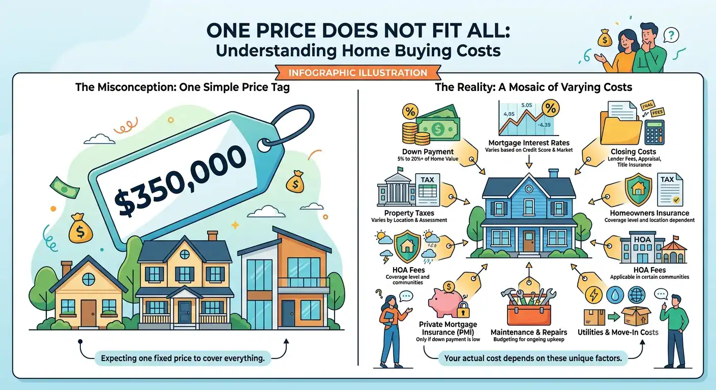 Infographic showing why one home price does not fit all with the varying costs that make up a monthly mortgage payment