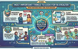 Infographic showing the most important qualities to look for in a Realtor including trust, communication, negotiation, and local expertise