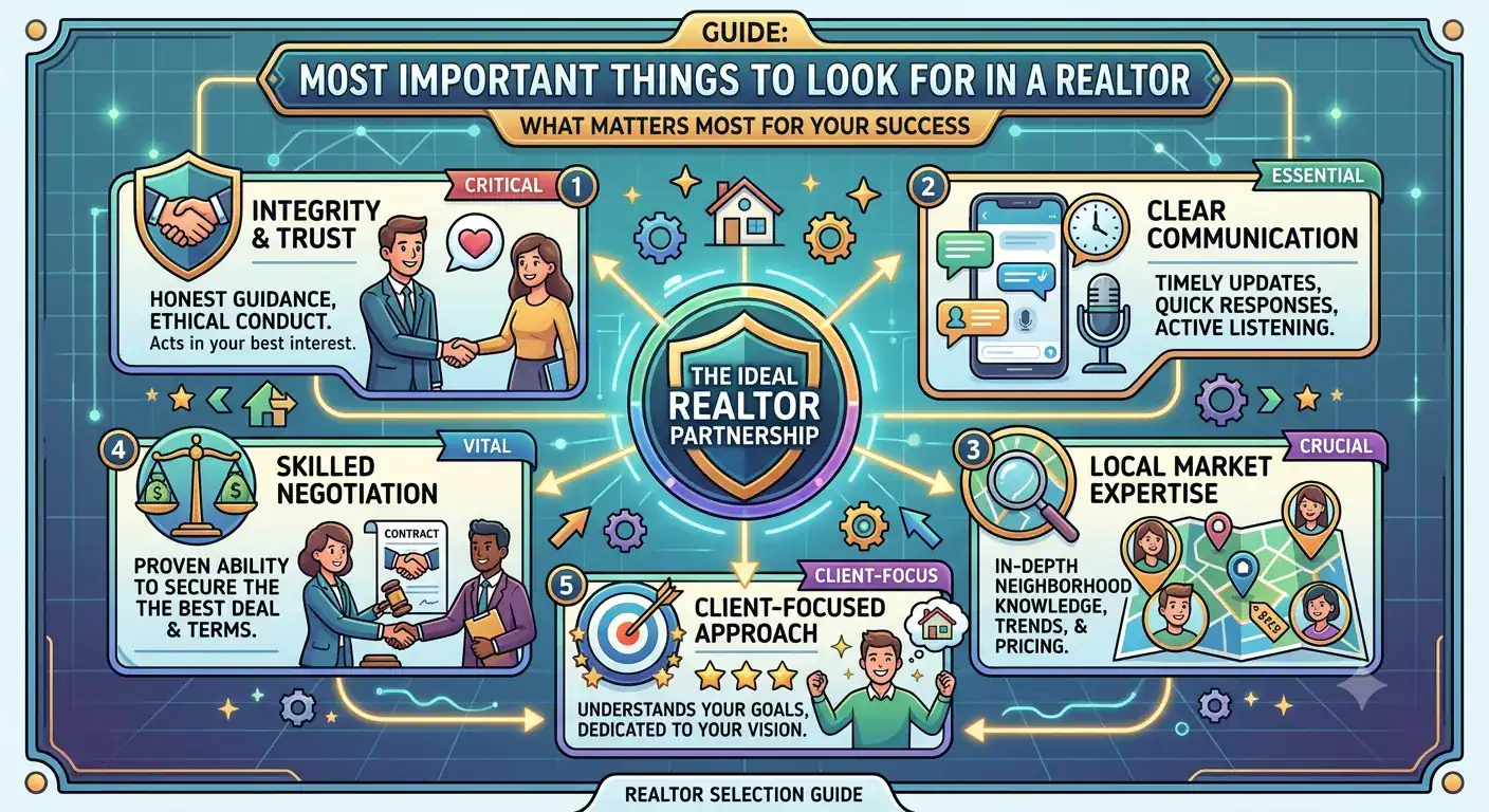 Infographic showing the most important qualities to look for in a Realtor including trust, communication, negotiation, and local expertise