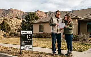 Couple reviewing property information beside a Century 21 for-sale sign in Western Colorado