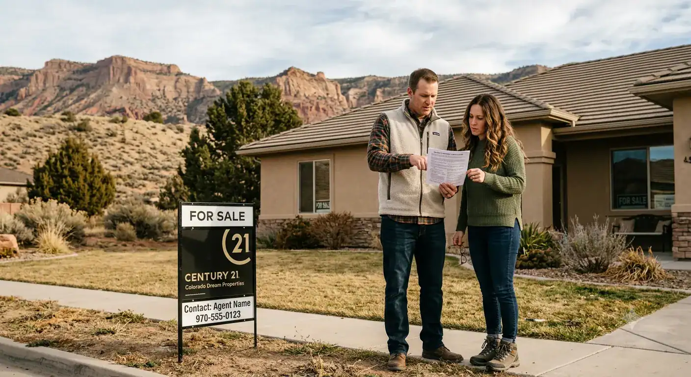 Couple reviewing property information beside a Century 21 for-sale sign in Western Colorado