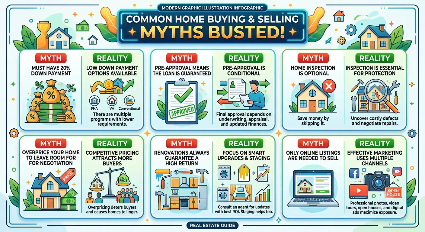 Infographic busting common home buying and selling myths with side-by-side myth vs. reality panels