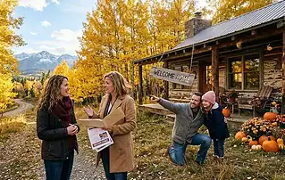 Selling a house in October in Western Colorado, real estate agents meeting a family at a mountain home among fall aspens