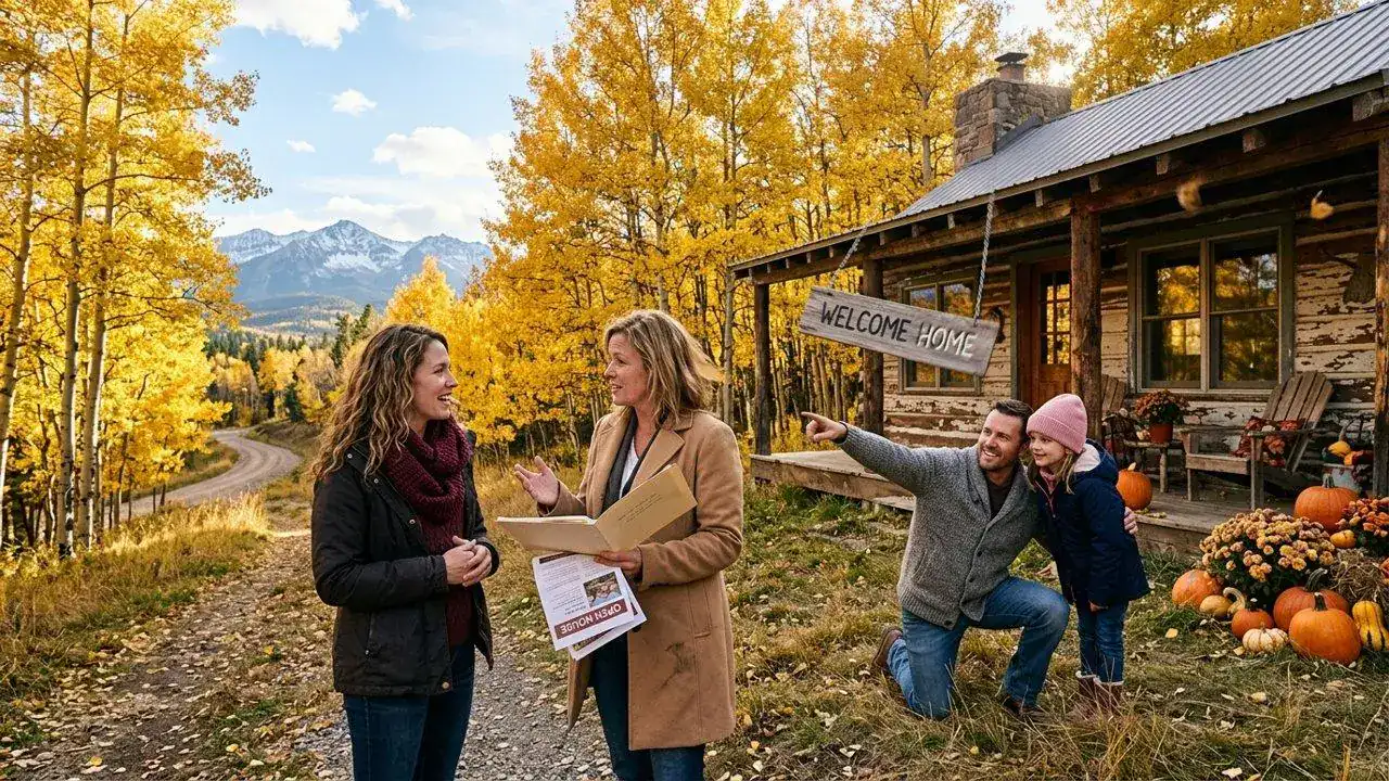 Selling a house in October in Western Colorado, real estate agents meeting a family at a mountain home among fall aspens